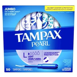 Tampax Pearl Tampons Light Absorbency with BPA-Free Plastic Applicator and LeakGuard Braid, Unscented, 50 Count