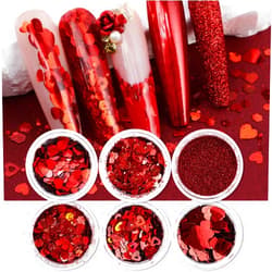 Vopintpy Valentine’s Day Nail Glitters Sequins Red Heart Nail Sequins 3D Holographic Flake Powder Glitters Romantic Valentines Nail Art Sequins Body Manicure Makeup Decoration Supplies