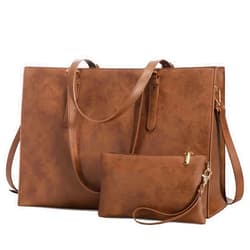 LOVEVOOK Laptop Bag for Women, Vintage Leather Works Computer Tote Bag, 15.6-Inch Large Capacity Shoulder Bag Set with Clutch Purse, Professional Business Briefcase for Office Lady, 2Pcs, Brown