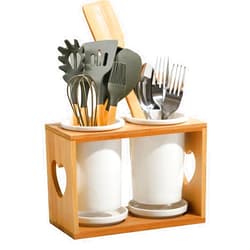 YIENENG 2-Pieces White Porcelain Utensil Holder with Bamboo Rack for Countertop, Cooking Utensil Organizer for Spatula & Spoon, Kitchen Decor