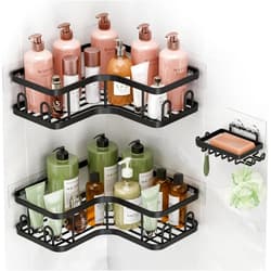 Veken Corner Adhesive Shower Caddy 3-Pack with Soap Holder&Hooks,No Drilling Shower Shelves,Rustproof & Waterproof Bathroom Organizers and Storage,Rack for Small Spaces, Kitchen&Rental-Friendly,Black