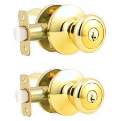 GOBEKOR 2 Pack Keyed Alike Door Knobs Polished Brass Exterior Door Knob with Same Keys Tulip Entry Door Knobs with Lock and Key