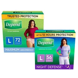 Depend Fit-Flex Adult Incontinence Underwear for Women, Disposable, Maximum Absorbency, Large, 72 Count & Depend Night Defense Adult Incontinence Underwear, Overnight, Large, 56 Count