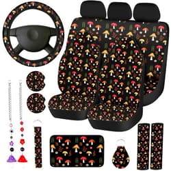 Riakrum 17 Pcs Mushroom Car Seat Covers Mushroom Car Accessories Full Set for Women Men Automotive Rear Front Seat Protector View Mirror Hanging Ornament Steering Wheel Belt (Cute Retro Mushroom)