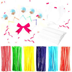 TAIHUIMY 300Pcs 6inch Lollipop Sticks, Cake Pops Sticks, Cake pop Bags and Wrappers Chocolates and Cookies Set Including 100 Parcel Bags, 100 Papery Treat Sticks, 100 Colorful Metallic Twist Ties