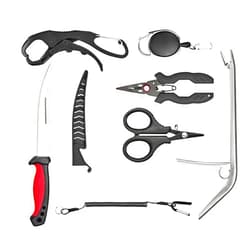 OH MY WOW Fishing Tool Kit 7 Piece Pliers, Fillet Knife, Hook Remover, Split Ring Plier, Lip Gripper, Scissors and Retractor for Saltwater and Freshwater
