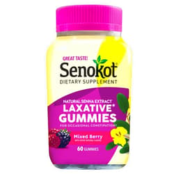 Senokot Dietary Supplement Laxative Gummies, Natural Senna Extract, Gentle, Overnight Relief from Occasional Constipation, Mixed Berry Flavor, 60 Count.