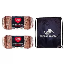 Red Heart Knitting Yarn Super Saver Ombre Cocoa 2-Skein Factory Pack (Same Dyelot) E305-3987 Bundle with 1 Artsiga Crafts Project Bag