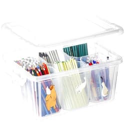 loobuu Plastic Storage Bins with Lids - 1 Pack Art Craft Supply Organizer Box with Brush Pot for Kids, 17 QT Stackable Clear Pen Container for Toy/Sewing/Comestic/Tool/Playdoh(15.93
