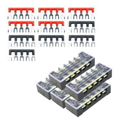 YXQ 600V 25A 5P Screw Terminal Barrier Block w Jumper Strip 5Pcs Pre-Insulated (5+5) Black Red Fork Type
