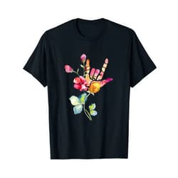 Flytogs Deaf Pride ASL Teacher Floral ILY Love Sign Language T-Shirt
