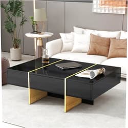 Fulocseny Coffee Table,High Gloss Coffee Table, with 2 Drawers,Multi-Storage Rectangle Sofa Table with Golden Wood Grain Legs,for Living Room, Office 47.2×31.4×15.7(in) Black