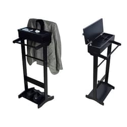 MASISDAOZ Valet Stand for Men, Black Clothes Valet Stand with Top Tray, Tie & Belt Hanger and Shoe Rack, Using in Entryway, Office, Bedroom, Living Room, Bedroom
