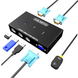 DiamondTiger KVM Switch VGA 2 Port, DiamondTiger VGA KVM Switch for 2 Computers Share 1 Monitor & 3 USB 2.0 Keyboard Mouse Scanner Printer,U Disk, Driver-Free for All OS,2 KVM Cables 1 Desktop Controller Included