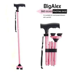 BigAlex Folding Cane with LED Light Walking Cane Adjustable & Portable Pivoting Quad Base,Lightweight,Collapsible with Carrying Bag for Men Women Seniors Pink and Black