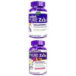 ZzzQuil Pure Zzzs Adult Melatonin Gummies, 2mg, 72 Gummies, Wildberry Vanilla Flavored and Vicks Pure Zzzs Kidz Melatonin Gummies, 1mg, 72 Gummies, Berry Flavored