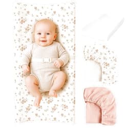 Konssy Muslin Changing Pad with Waterproof Lining Foam, Includes 2 Pack Soft & Cotton Cover, Baby Diaper Changing Pad for Dresser or Table, 32x16 inches (Blossom,Pink)