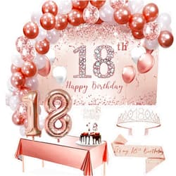 Trgowaul 18th Birthday Decorative Balloon Set Women's Arch, Rose Gold 18th Birthday Banner and Party Tablecloth, Belt and Tiara, Pink Gold 18th Balloon, Pink Birthday Cake Top, Latex Balloon * 60