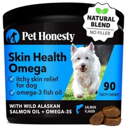 Pet Honesty Omega SkinHealth chews for Dogs, salmon oil, Omega 3 Fish Oil, Krill, Spirulina, Omega-3, Alaskan salmon oil, Healthy Skin & Coat, Itchy Skin, Dog Allergies, May Reduce Shedding (90 Count)