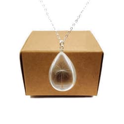 Cairui Design Dandelion Make a Wish Real Flower Waterdrop Glass Teardrop Pendant 925 Sterling Silver Chain Necklace for Women Handmade