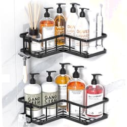 YASONIC Corner Shower Caddy 2 Pack, No Drill Adhesive Shower Storage Shelves, Rustproof Stainless Steel Wall Mounted Bathroom Organizer Shelf with 2 Removable Hooks for Dorm & Renters, Black