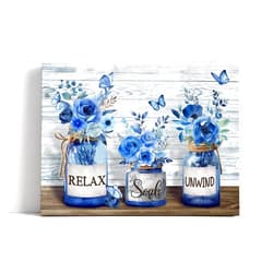 BAVEQAS Farmhouse Bathroom Decor, Navy Blue Hydrangea Wall Art - Canvas Prints with Relax, Soak, Unwind Quotes - Country Style Modern Home Decor, Framed Ready to Hang, 12x16 inch