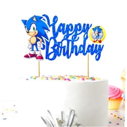 Seyal Soonic Happy Birthday Cake Topper – Soonic Blue Cake Decoration, Gamer Theme Party Supplies, Fun Cartoon Cake Decor for Birthday Celebration, Home, Bakery, or Event.