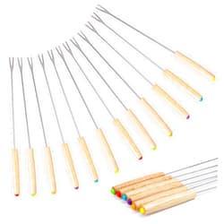 LAweixian 12PCS 9.5 Inch Color-Coded Wood Fondue Forks, Cheese Fondue Fork Stainless Steel Fruit Fondue Cheese with Heat-blocking Handle for Chocolate Fountain Cheese