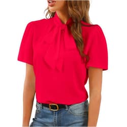 Rooscier Women's Bow Tie Knot Mock Neck Short Sleeve Elegant Workwear Blouse Shirt Top