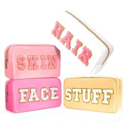 CasaCulina 4Pcs Preppy Makeup Bags Set, Cute Varsity Makeup Pouchs, Travel Cosmetic Bags Sewn with Skin/Hair/Face/Stuff Chenille Letter, Portable Nylon Zipper Toiletry Pouch Gifts for Girls Women