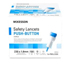 McKesson Safety Lancet, Retractable, Push Button Activation - Ideal for Blood Testing - Sterile, Single Use, 23 Gauge, 1.8mm Depth, 100 Count, 1 Pack