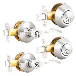 Probrico 2 Sets Front Exterior Door Lever Set with Single Cylinder Deadbolts Satin Nickel,Drop Shape Entry Door Levers with Dead Bolts Combo Pack, Keyed Alike Door Hardware, Contractor Pack