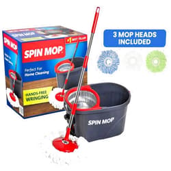 SIMPLI-MAGIC 79349 Spin Mop Cleaning System with 3 Microfiber Mop Heads, Red/GRAY,Red/Black