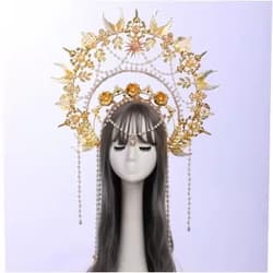 Fengsha Sun Goddess Angel Gold Baroque Pearl Tiara Lolita Collection Gothic Accessories ( Color : Black ) Black,Gold