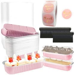 KNFFSAAJL 50Pcs Mini Cake Loaf Pans with Lids and Spoons 6.8oz Rectangle Aluminum Foil Baking Cups Mini Cake Pans Heat Resistant Cupcake Tin Container Narrow Foil Cake Pans for Brownie Party (Pink, 50)