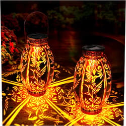 GIBMIDSER Solar Outdoor Lights,2 Pack Solar Garden Lanterns Waterproof, LED Hanging Lantern Hummingbird Pattern, Decorative Retro Metal Solar Lights for Table Patio Yard Pathway Walkway Gifts