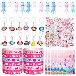 Anprola 108 PCS Axolotl Party Favors Includes Axolotl Keychain Silicone Bracelets Finger Ejection Toys Gift Bags and Stickers for Kids Axolotl Theme Party Supplies Decorations
