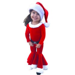 SZZY Toddler Baby Girls Christmas Long Sleeve Fleece Romper Onesie Xmas Toddler Baby Bell Bottoms Flare Jumpsuit Hat Set