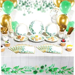 Tatuo Eucalyptus Party Supplies Sage Greenery Plates and Napkins Green Leaf Tablecloth Balloons Gold Leaf Jungle Theme Boho Party Supplies for 16 Guests Tableware Bridal Wedding Decorations