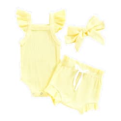 SAYOO 3pcs Toddler Girls Summer Outfits Ribbed Halter Crop Top Romper Bodysuit +Floral Bloomer Shorts+Headband Clothes Set
