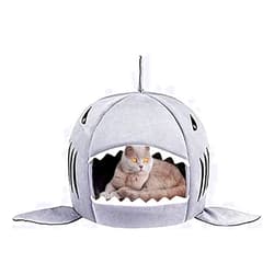 LiangTing Cat Litter Hot Cat Mat Shark-Shaped House Warm Kennel Kitten Bed One Mat Two Usage Shark Bed for Small Cat Dog Cave Cozy Bed Removable （Light Grey）