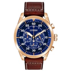 Citizen Men's Eco-Drive Chronograph Sport Casual Avion Watch, Rose Gold Stainless Steel with Brown Leather Strap, Blue Dial (Model: CA4213-18L)