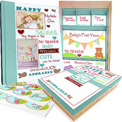 NEXT MOMMY Baby Memory Book w/Keepsake Box & 30 Monthly & Baby First Milestone Stickers - Gender Neutral First Year Scrapbook Journal - Baby Photo Album for Boys & Girls