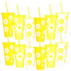 XLSXEXCL 12 Pcs Daisy Flower Cups with Lids and Straws, 24 oz Daisy Party Favor Plastic Drinking Cups for Daisy Themed Party Wedding Baby Shower