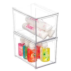 mDesign Plastic Stackable Bathroom Storage with Pull Out Bin Organizer Drawer for Cabinet, Vanity, Shelf, Cupboard, Cabinet, or Closet Organization - Lumiere Collection - 2 Pack - Clear