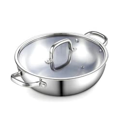 Cook N Home Tri-Ply Stainless Steel Wok, 12 inch Induction Wok with Lid, Flat Bottom Wok Stir Fry Pan, Silve