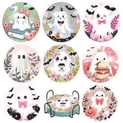 Yijingtop 8PCS Halloween Diamond Art Coasters,Cute Ghost Diamond Painting Coasters,Small Diamond Art Kits for Adults,Crystal Gem Art Kits for Home Wall Decor