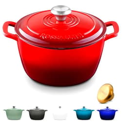 ROSSALLINI Signature Enameled Cast Iron Dutch Oven, Non-Stick Serving Pot with Tight Fitting Lid for Perfect Roasting, Baking, Sauteing, and Bread Making | 5.5Q (5.2L) - Red