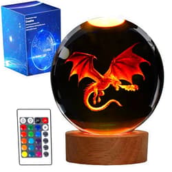 POSSHE Dragon Night Light, 3.15 Inch (80mm) Crystal Ball 3D Lamp with Remote 16 Color for Birthday Xmas Cool Figurines Dragon Gifts for Room Decor Boys Girls