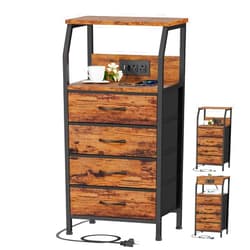 Furnulem Tall Night Stand with Charging Station, Small Dresser with 4 Fabric Drawers, 33 Inch Bedside Table, Storage Tower for Closet, Entryway, Dorm, Bedroom Furniture, 3 Ways to Use, Rustic Brown